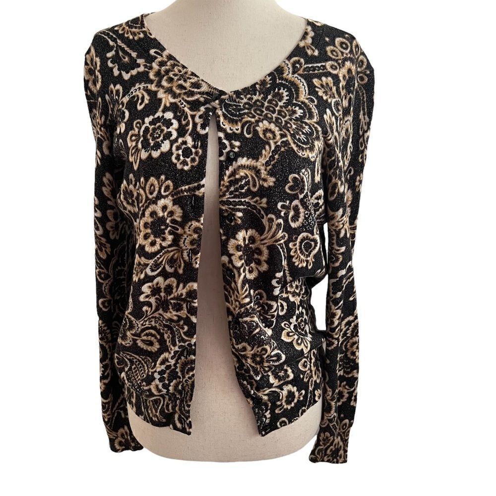 Talbots Petites Black + Gold Metallic Damask Print Long Sleeve Cardigan SP